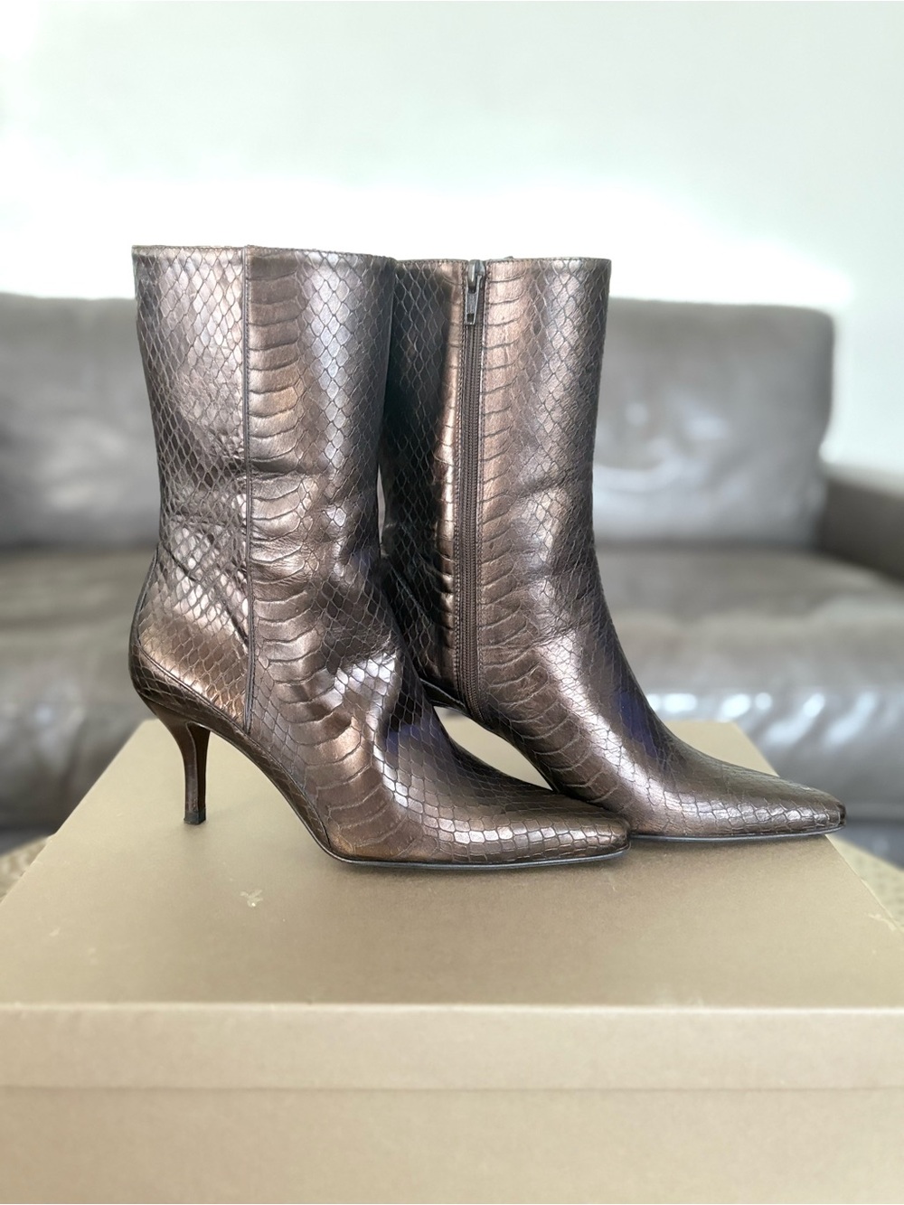 Cole Haan Lydia Short Zip Boots Bronze Metallic Python Embossed Leather SZ 6
